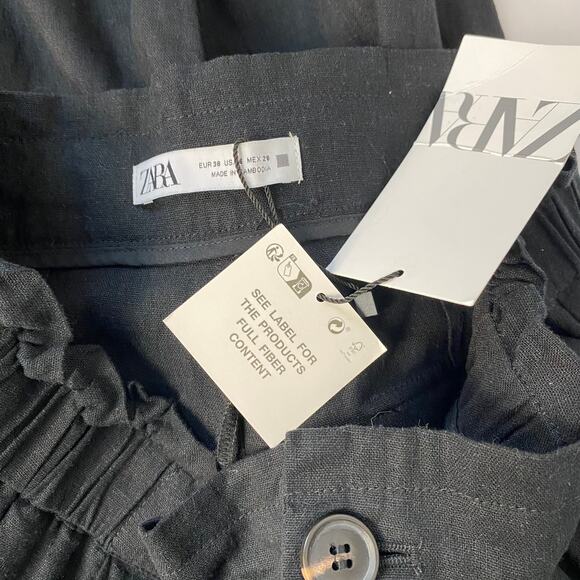 Zara Baggy Linen Trouser Cargo Pant Black Tapered Leg Pockets Cuffed Size 6 - Picture 10 of 10